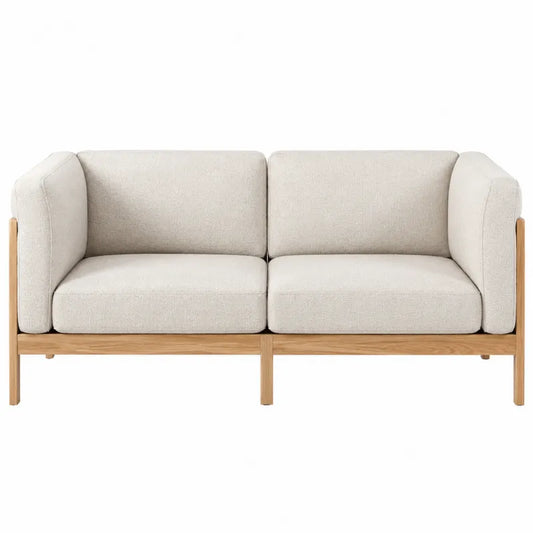 Dwuosobowa sofa z tkaniny poliestrowej, rama dębowa, beżowa
