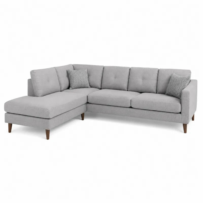 Sofa narożna modułowa z szezlongiem szara tkanina poliester bukowe nogi