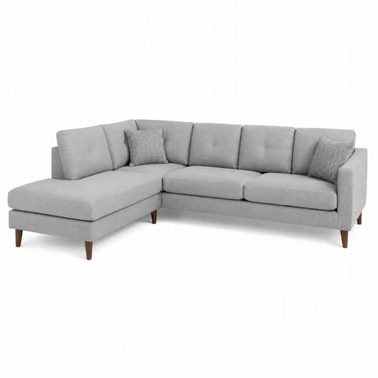 Sofa narożna modułowa z szezlongiem szara tkanina poliester bukowe nogi