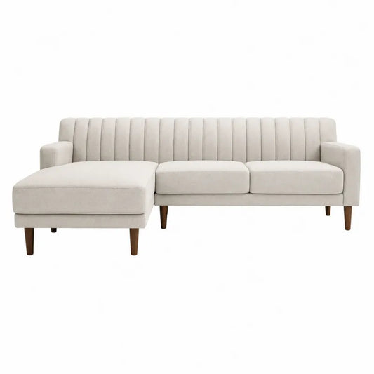 Narożna sofa z szezlongiem, drewniane nogi, beżowa tkanina