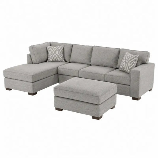 Narożna sofa modułowa z pufą, szara tkanina poliestrowa