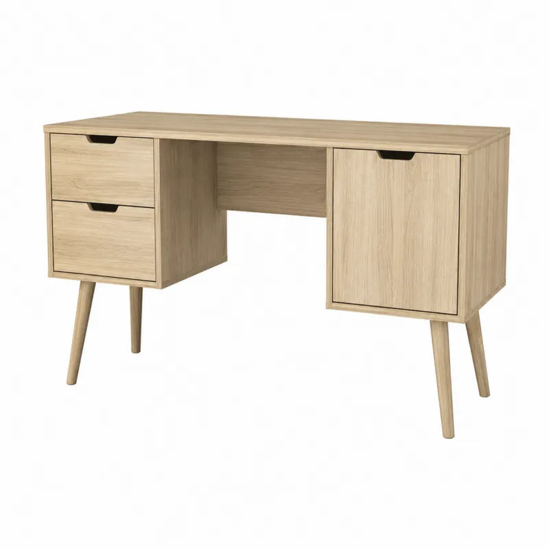 Biurko drewniane z płytą MDF, dąb, 2 szuflady i szafka 120x50x75 cm