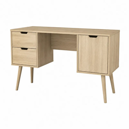 Biurko drewniane z płytą MDF, dąb, 2 szuflady i szafka 120x50x75 cm