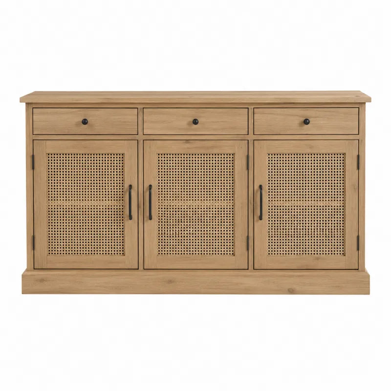 Kredens drewniany z trzema szufladami i frontami rattanowymi, naturalne drewno, 150x40x85 cm