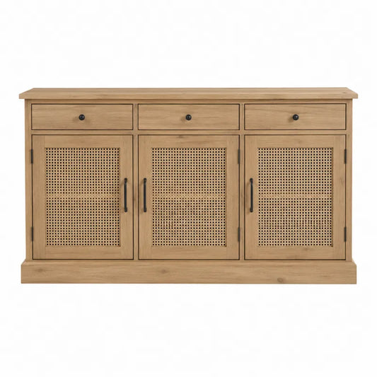 Kredens drewniany z trzema szufladami i frontami rattanowymi, naturalne drewno, 150x40x85 cm